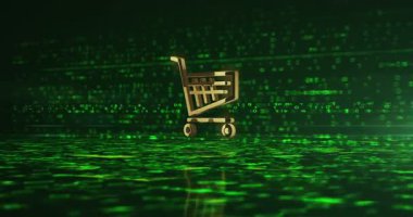 Araba mağazası ve online alışveriş e-ticaret simgesi. Soyut 3D altın metal parlayan simge animasyonu.
