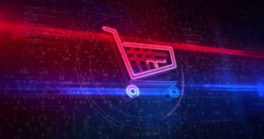 Soyut dijital arka planda araba dükkanı ve çevrimiçi alışveriş e-ticaret simgesi. 3D parlayan simge siber teknoloji konsepti animasyon.