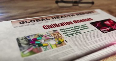 Medeniyet hastalıkları, sağlık hizmetleri, günlük gazete. Manşetler soyut kavram 3D.