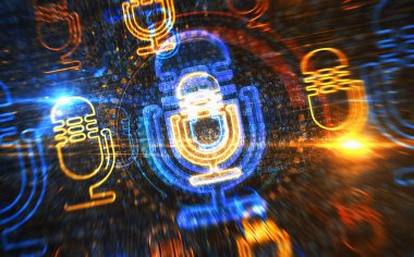 Mikrofon medyası hava yayınında ve ses kayıt sembolü dijital konseptte. Ağ, siber teknoloji işareti ve bilgisayar arkaplan soyut 3d resimleme.