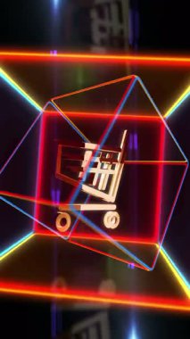 Araba dükkanı ve çevrimiçi alışveriş e-ticaret işi altın metal sembolü neon 3d kutuda döngülenmiş ve dikey hareketsiz animasyon
