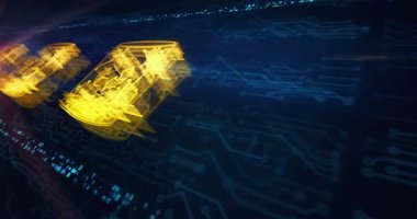 Elektronik devre arka planında çöp atığı yönetimi ve çöp kutusu hologramı silme sembolü görülüyor. Ağ, siber teknoloji ve bilgisayar soyut kavramı.