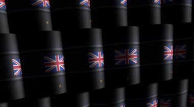 İngiltere Büyük Britanya petrol şirketi ve petrol çıkarma varilleri konsepti. İngiliz yakıt sanayi konteynırları 3 boyutlu illüstrasyon.