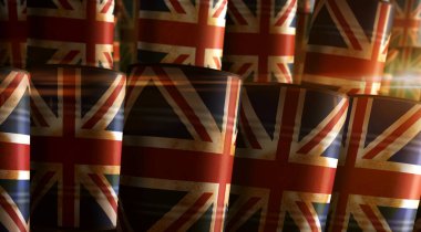İngiltere Büyük Britanya petrol şirketi ve petrol çıkarma varilleri konsepti. İngiliz yakıt sanayi konteynırları 3 boyutlu illüstrasyon.