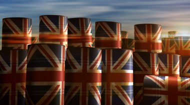 İngiltere Büyük Britanya petrol şirketi ve petrol çıkarma varilleri konsepti. İngiliz yakıt sanayi konteynırları 3 boyutlu illüstrasyon.