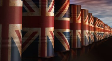 İngiltere Büyük Britanya petrol şirketi ve petrol çıkarma varilleri konsepti. İngiliz yakıt sanayi konteynırları 3 boyutlu illüstrasyon.