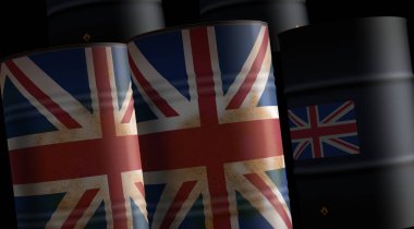 İngiltere Büyük Britanya petrol şirketi ve petrol çıkarma varilleri konsepti. İngiliz yakıt sanayi konteynırları 3 boyutlu illüstrasyon.