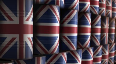 İngiltere Büyük Britanya petrol şirketi ve petrol çıkarma varilleri konsepti. İngiliz yakıt sanayi konteynırları 3 boyutlu illüstrasyon.