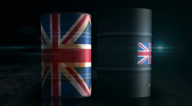 İngiltere Büyük Britanya petrol şirketi ve petrol çıkarma varilleri konsepti. İngiliz yakıt sanayi konteynırları 3 boyutlu illüstrasyon.