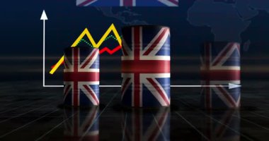 İngiltere Büyük Britanya petrol şirketi ve petrol çıkarma varilleri büyüme grafiğinde. İngiliz yakıt endüstriyel metal konteynırları artan istatistik diyagramı ile.