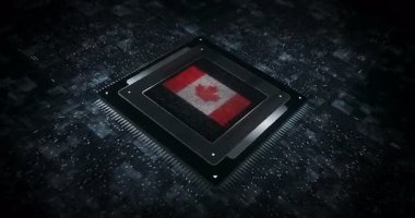 Bilgisayar işlemcisinde Kanada bayrağı. Kanada sancak dijital ve siber teknoloji animasyonu.