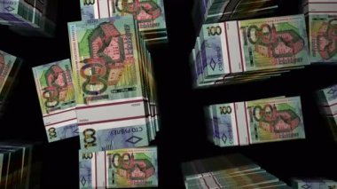 Belarus parası, Belarus rubleleri. 100 'den fazla BYN bankası 3D uçuş kuleleri istifliyor. Döngüsüz, soyut iş dünyası, ekonomi krizi ve finans kavramı.