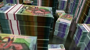 Belarus parası, Belarus rubleleri. 100 'den fazla BYN bankası 3D uçuş kuleleri istifliyor. Döngüsüz, soyut iş dünyası, ekonomi krizi ve finans kavramı.