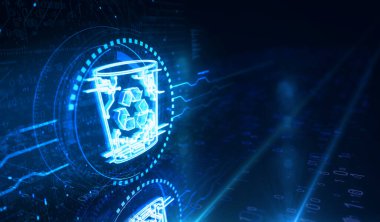 Çöp atığı yönetimi ve çöp kutusu sembolü dijital konseptini sil. Ağ, siber teknoloji ve bilgisayar arkaplanı soyut 3D resimleme.