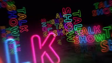 Talk show neon sembolü. Renkli ampuller. Soyut, pürüzsüz ve döngüye açık konseptle röportaj. 3D tünel animasyonunda uçuyor..