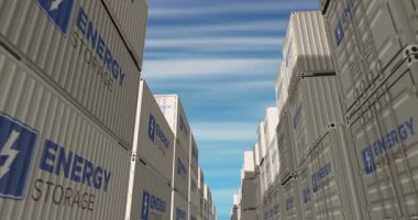 Enerji depolama kargo konteynırları kusursuz ve döngüye tabi iş konsepti. Batarya istasyonu endüstriyel nakliye kutusu 3D döngü.