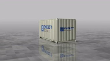Liman terminali iş konseptinde enerji depolama konteynerleri. Batarya istasyonu endüstriyel nakliye kutusu 3D döngü ve kusursuz animasyon.