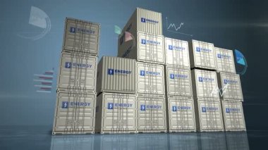 Enerji depolama konteynırları kargo ile ithalat ithalat şeması ve grafikleri. Batarya istasyonu endüstriyel nakliye kutusu 3D konsepti.