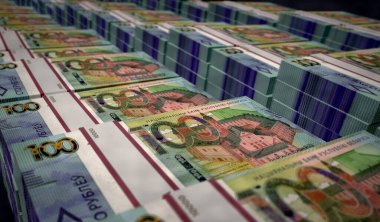 Belarus parası Belarus Rubel para paketi 3D illüstrasyon. 100 BYN banknot destesi. Maliye, nakit, ekonomi krizi, iş başarısı, durgunluk, banka, vergi ve borç kavramı.
