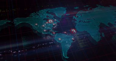 Dünya haritasında antivirüs siber güvenlik uyarı sembolleri var. Kusursuz döngülü teknoloji kavramı.