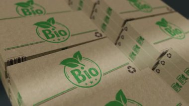 Biyolojik organik kutu üretim hattı. Doğal sağlıklı yiyecek karton paket fabrikası. Soyut konsept 3D döngüsüz dikişsiz animasyon.