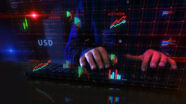Para birimleri dünya dolar yen ve pound para grafikleri ve grafikleri insan klavyesi daktilo ile. Dijital analiz ve 3D ekran görüntüsü üzerine rapor.