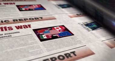 Gümrük vergileri savaş ticareti krizi günlük gazete rulosu baskısı. Soyut konsept retro başlıklar 3d kusursuz döngülenmiş.