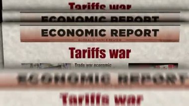 Gümrük vergisi, savaş ticareti krizi, klasik haberler ve gazete baskısı. Soyut konsept retro başlıklar 3d.