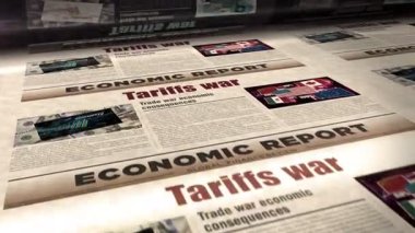 Gümrük vergileri savaş ticareti krizi günlük gazete rulosu baskısı. Soyut konsept retro başlıklar 3d kusursuz döngülenmiş.