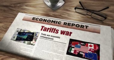 Gümrük vergisi savaş ticareti krizi gazetesi masada. Manşetler soyut kavram 3D.