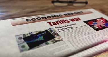 Gümrük vergisi savaş ticareti krizi gazetesi masada. Manşetler soyut kavram 3D.