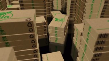 Biyolojik organik kutu üretim hattı. Doğal sağlıklı yiyecek karton paket fabrikası. Soyut kavram 3D döngüsüz dikişsiz.