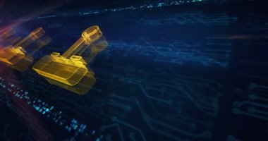 Joystick video oyunu ve oyun hologramı sembolü elektronik devre arka planında görünüyor. Ağ, siber teknoloji ve bilgisayar soyut kavramı.