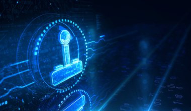 Joystick video oyunu ve oyun sembolü dijital konsept. Ağ, siber teknoloji ve bilgisayar arkaplanı soyut 3D resimleme.