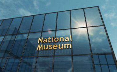 Ulusal müze cam bina konsepti. Ön cephede tarihi kültür ve sanat galerisi sembolü 3D illüstrasyon.