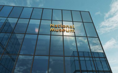 Ulusal müze cam bina konsepti. Ön cephede tarihi kültür ve sanat galerisi sembolü 3D illüstrasyon.