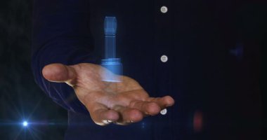 Joystick video oyunu ve oyun 3D sembolü erkek elinin üzerinde. Siber teknoloji simgesi soyut kavram kusursuz ve döngüsel.