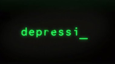 Depresyon ve zihinsel sağlık krizi metni ekranda. Retro monitör yeşil piksel makro görünümü ile aranıyor.