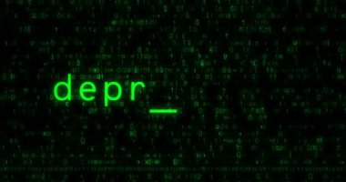 Depresyon ve zihinsel sağlık krizi metni ekranda. Retro monitör yeşil piksel makro görünümü ile aranıyor.