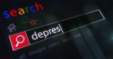 Depresyon ve zihinsel sağlık krizi metni tarayıcı ekranında yazılıyor. Monitör piksel görünümü olan internet aranıyor.