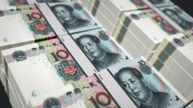 Çin parası Çin Yuan Renminbi paketi 3D animasyon döngüsü. Döngüsüz finans, nakit, ekonomi, iş ve banka kavramı. Kamera 10 NY banknot destesi üzerinde hareket ediyor.