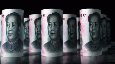Çin parası Çin Yuan Renminbi döngüsü 3D. Kamera 10 tane CNY banknotunun önünde hareket ediyor. Kusursuz döngüsüz ekonomi, finans, iş ve borç kavramı.