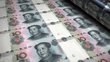 Çin parası Çin Yuan Renminbi banknotları basım makinesi döngüsü. Kağıt 10 NY banknot baskısı 3D döngü kusursuz. Soyut bankacılık, finans, ekonomi ve kriz kavramı.