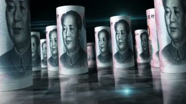 Çin parası Çin Yuan Renminbi döngüsü 3D. Para masanın üstünde. Kusursuz ve soyut ekonomi, finans ve iş kavramı. Kamera 10 Yuan arasındaydı..