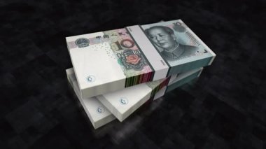 Çin parası Çin Yuan Renminbi yığını. Ekonomi, bankacılık, iş, kriz, durgunluk, borç ve finans konularının kavramı. 10 NY banknotları 3D animasyon yığınları.