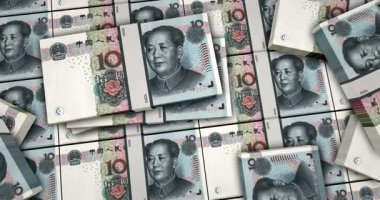 Çin parası Çin Yuan Renminbi 3D animasyon hesapları. 10 NY enflasyon, ekonomi, kriz, iş, bankacılık, borç ve finans kavramı.
