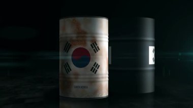Güney Kore kimyasalları ve petrol varilleri kavramı. Güney Kore petrol endüstriyel metal variller.