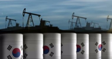 Güney Kore kimyasalları ve petrol varilleri kusursuz ve döngüsel konseptte. Güney Kore petrol endüstrisi konteynırları.