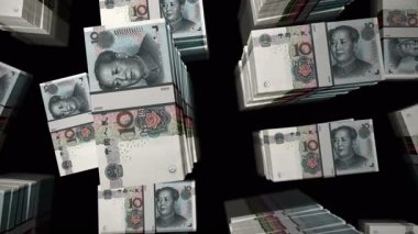 Çin parası. Çin Yuan Renminbi. Paket döngüsü. 10 NY banknotundan fazla 3D uçuş kuleleri istifler. Döngüsüz, soyut iş dünyası, ekonomi krizi ve finans kavramı.