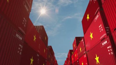 Vietnam ihracat ve ithalat kargo konteynırları sorunsuz ve geri dönüşümlü iş konseptinde. Vietnam bayrağı endüstriyel nakliye kutusu 3D döngü.